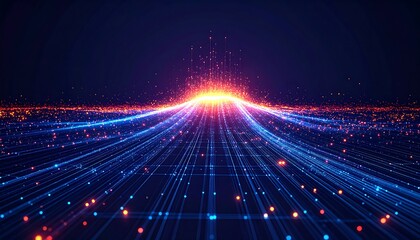 An abstract digital landscape features glowing blue and orange data streams converging towards a brilliant, central light source, symbolizing technological flow and connectivity.