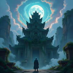 Mystical Temple Under Full Moon with Hooded Figure in Fantasy Landscape, Generated AI
