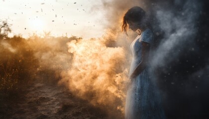 Obraz premium A woman wearing a white lace dress is surrounded by a cloud of golden dust outdoors in a field of brown grass and dirt.