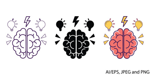 Brainstorming icon set showing ideas and creative thinking with lightning bolts vector
