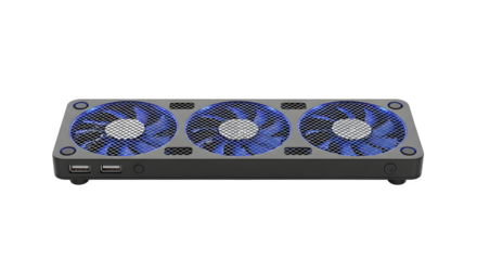 Laptop cooling pad isolated on transparent background features three fans to prevent overheating and maintain optimal performance during extended use