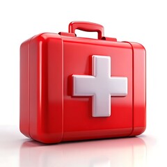 Obraz premium Bright red plastic first aid kit box with white medical cross symbol emergency care