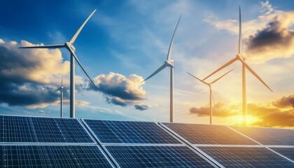 The image shows several wind turbines and solar panels against a partly cloudy sky, illustrating renewable energy generation.