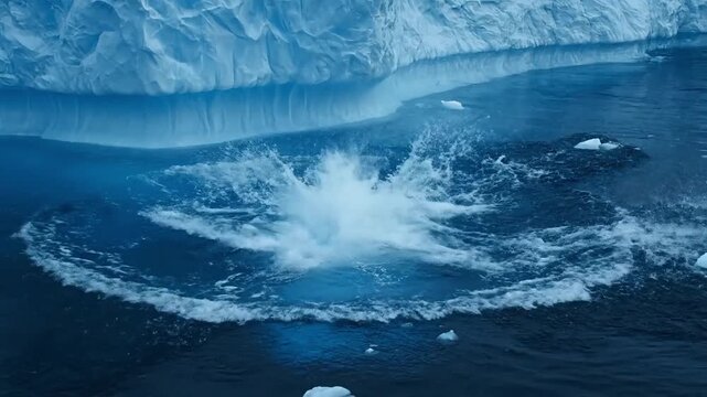 Crashing iceberg creates powerful splash in deep blue ocean water, highlighting nature's force.