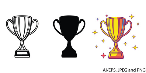 A collection of three trophy illustrations: a line drawing, a silhouette, and a colorful, sparkling award vector