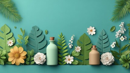 Composition of leaves, flowers, and bottles against a turquoise backdrop, evoking a natural theme