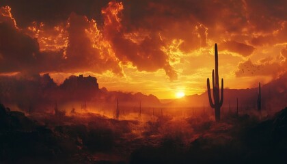 The illustration depicts a desert landscape at sunset, with saguaro cacti silhouetted against a fiery orange and red sky, and dark brown mountains in the distance.