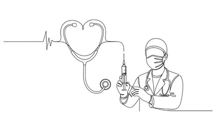 Healthcare and Vaccination – Continuous One-Line Illustration of Stethoscope Heart, Doctor with Syringe, Preventative Care – Minimalist Black Line Art