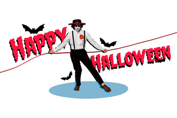 Composite photo collage of spooky man caballero fiancé dance halloween party spooky bat carnival...