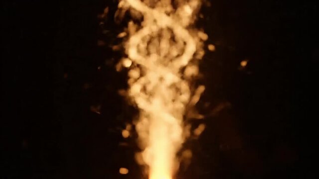 Fiery DNA helix symbolizing life, science, and energy against a dark background.