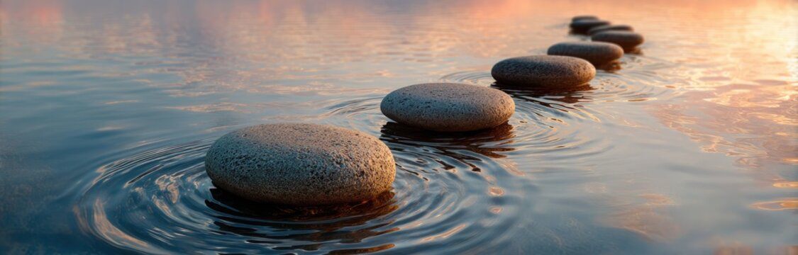 Stepping stones across calm water at sunset, serene and peaceful