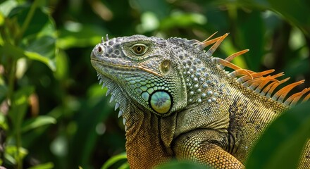 Obraz premium Close-up profile view of a vibrant green iguana, showcasing its intricate scales and striking colors against a backdrop of lush tropical foliage.