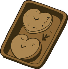 A baking tray holds two heart-shaped cookies with a rustic hand-drawn style in warm brown tones.