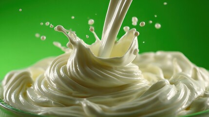 Cream pouring creating a splash with droplets against a vibrant green background