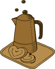 A steaming coffee pot sits on a tray beside heart-shaped cookies, drawn in a warm brown hand-drawn style.