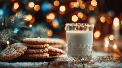 Cookies & milk sit before a blurry, festive backdrop of twinkling lights, holiday cheer