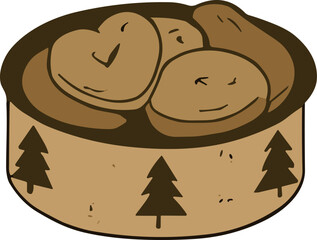 A hand-drawn illustration of cookies in a round festive box decorated with pine tree patterns, symbolizing a rustic holiday treat.