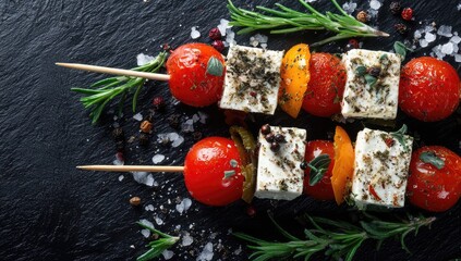 Skewered appetizers tomatoes, feta, rosemary on slate