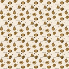 A seamless festive pattern featuring brown Christmas cookies, cupcakes, mugs of cocoa, and gingerbread houses on a beige background, evoking a warm cozy holiday mood.