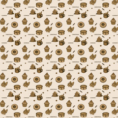 A seamless festive pattern featuring brown Christmas cookies, cupcakes, mugs of cocoa, and gingerbread houses on a beige background, evoking a warm cozy holiday mood.