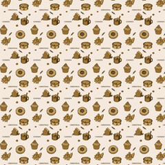 A seamless festive pattern featuring brown Christmas cookies, cupcakes, mugs of cocoa, and gingerbread houses on a beige background, evoking a warm cozy holiday mood.