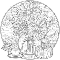 Sunflowers in a vase on the table, a pumpkin, and a cup of coffee in round frame.Coloring book antistress for children and adults.	