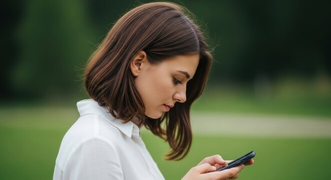 Young caucasian female using smartphone in park