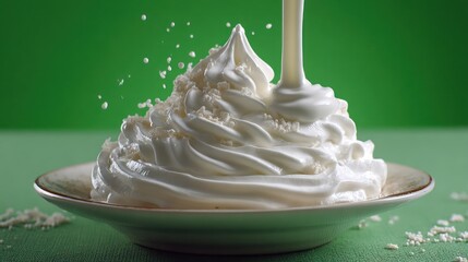 Creamy white swirl atop a bowl, being poured with more cream, against a vivid green background