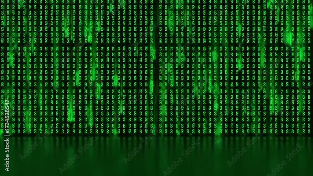Wall mural digital rain of glowing green binary code cascades down a dark background, representing technology a