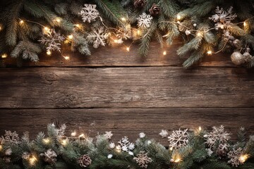 A cozy Christmas tree adorned with snowflakes and twinkling lights, set against a rustic wooden texture background. Pine branches add a festive touch to the holiday scene.