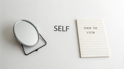 Minimal flat lay with mirror and self ownership concept