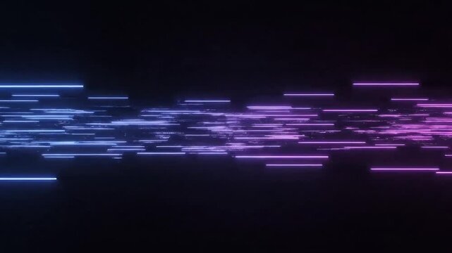 Abstract digital stream of neon blue and purple light streaks flowing in darkness