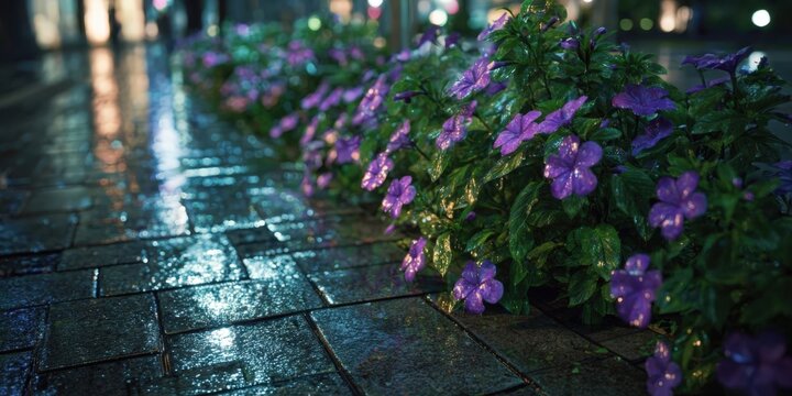 Rainy Night in a Japanese City with Purple Flowers and Wet Cobblestone Streets - Powered by Adobe