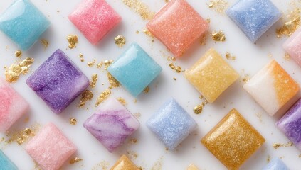 Colorful diamond-shaped candies on white with gold