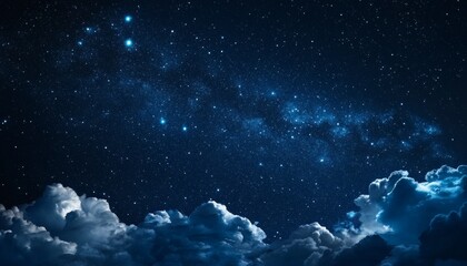 Fototapeta premium The illustration shows a vast expanse of night sky filled with numerous stars of varying brightness, partially obscured by fluffy clouds at the bottom of the frame.