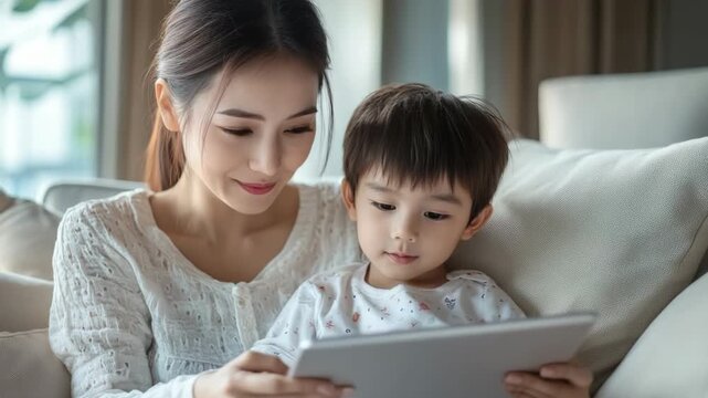 Young Asian mother and her smiling little son sit on the couch sharing a tablet, bonding over cartoons and educational games in a cozy home setting, enjoying quality time together