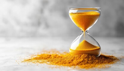 A glass hourglass filled with yellow sand, its granules flowing, with a blurred, textured background