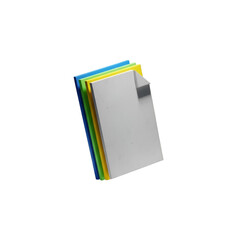 Stack of colorful paper or plastic sheets with a white sheet on top, isolated on transparent background
