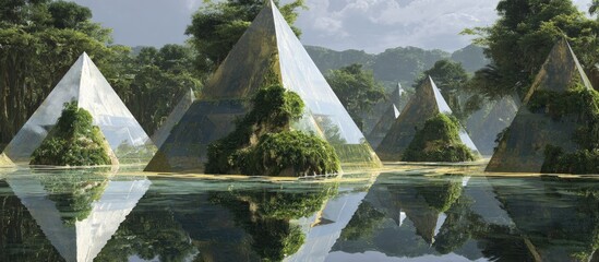 Glass pyramids, lush jungle, mirrored water