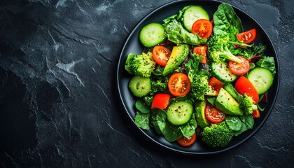 Top View Vegetable Salad With Avocado, Cucumber, Cherry Tomato, Chard Leaves, And Broccoli On A Black Plate Over Dark Slate. Ample Copy Space Included.