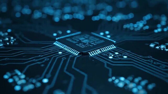 Intricate blue circuit board with glowing central processor, symbolizing advanced technology and data flow.