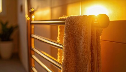 Warm towel rack glowing with autumn sunlight, cozy seasonal home interior symbol of comfort, household design with traditional charm, nostalgic atmosphere and festive warmth