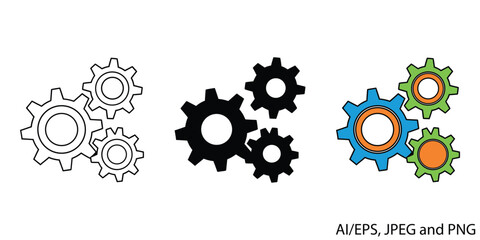 Interlocking gears icons set showing mechanism process and connection concepts vector