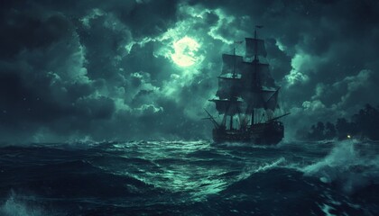 A dark, stormy night scene depicts an old sailing ship navigating rough waters under a large, bright moon.