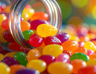 Shiny jelly beans spilling from glass jar, macro shot with colorful blur