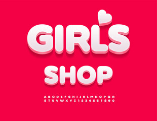 Vector Cute board Girls Shop with Decorative Emblem. Round White 3D Font. Modern Alphabet Letters and Numbers set.