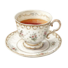 Watercolor Vintage teacup and saucer with floral pattern and tea isolated on a transparent background
