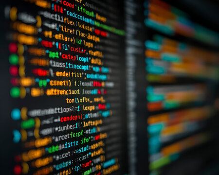 Colorful code lines on computer screen close up, programming concept with blurred background, software development and technology in focus