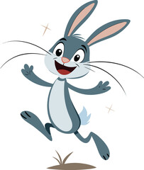 Happy cartoon rabbit jumping with joy on a white background in a playful style