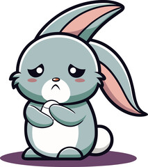 Cute cartoon bunny with sad expression holding a small object in its paws tightly
